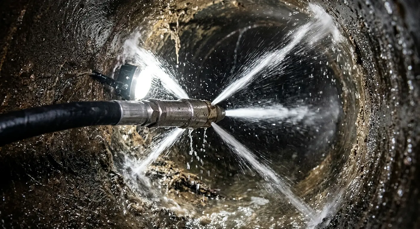 High-pressure hydro jetting nozzle cleaning sewer pipe for Trenchless Sewer Repair in Wesley Hills