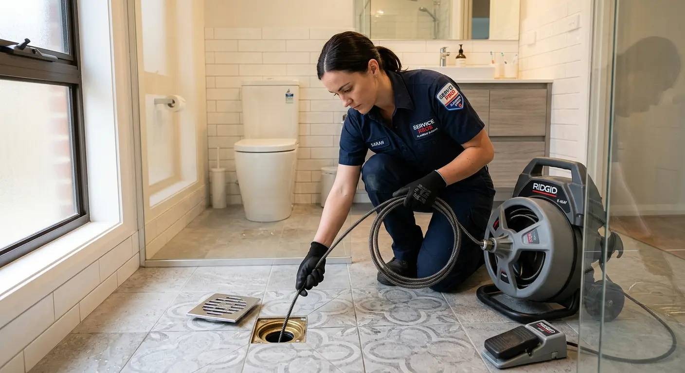 Technician clearing a bathroom floor drain for Drain Repair in Wesley Hills